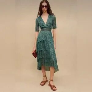 Maje Lurex Strech Ruffled dress in Emerald